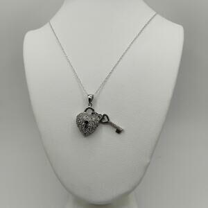Pave Heart and Key Pendant on 18-in Sterling Silver Link Chain